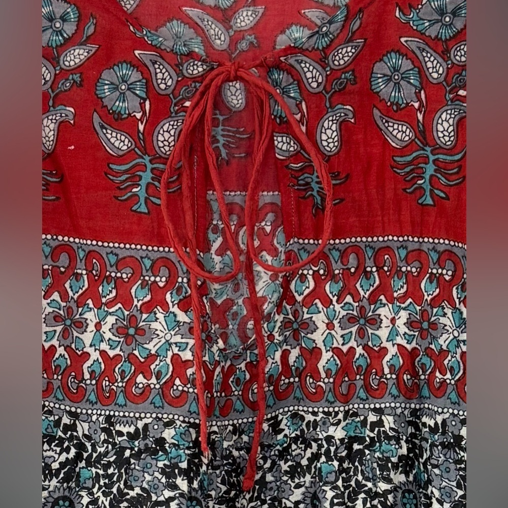 Crown Of Hearts Boho Paisley Cotton Tunic Top Tie Neck Medium - Picture 3 of 6